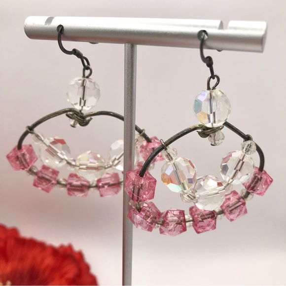 Handmade Artisan Beaded Sterling Silver Hoop Dangle Earrings Barbiecore Pink AB - Picture 4 of 12